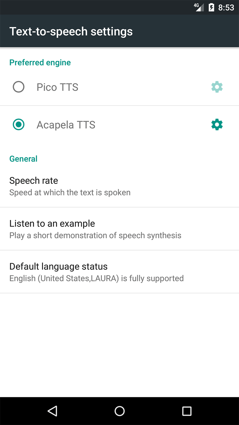 Acapela TTS Voices - Google Play - configuration