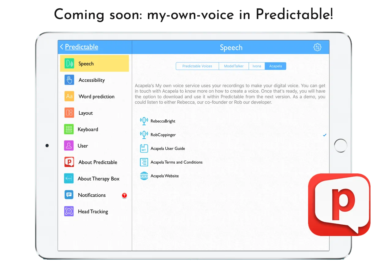 acapela my-own-voice available in Predictable app
